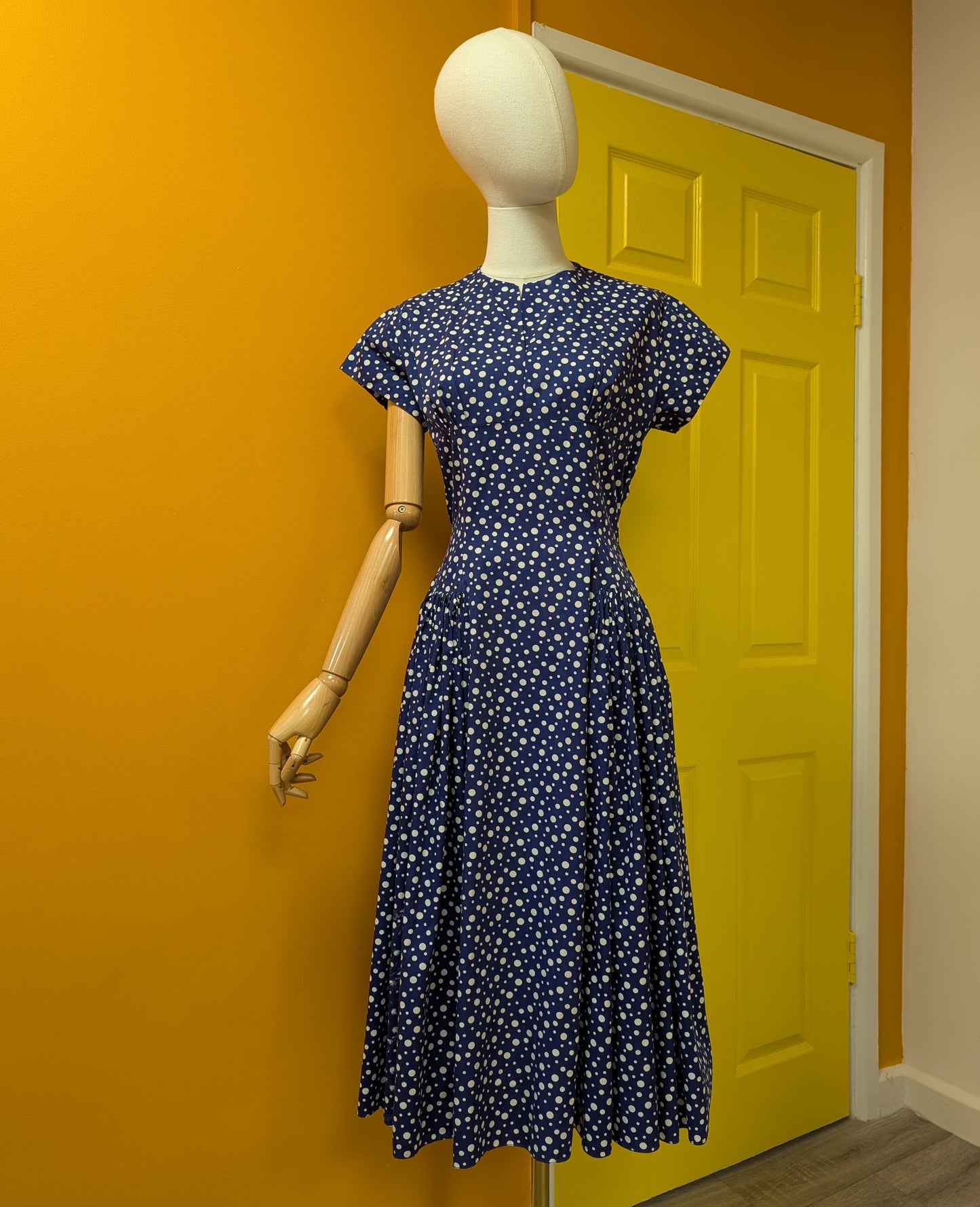 1950s 'A Diana Dress' navy/white polka dot cotton - S/8/10