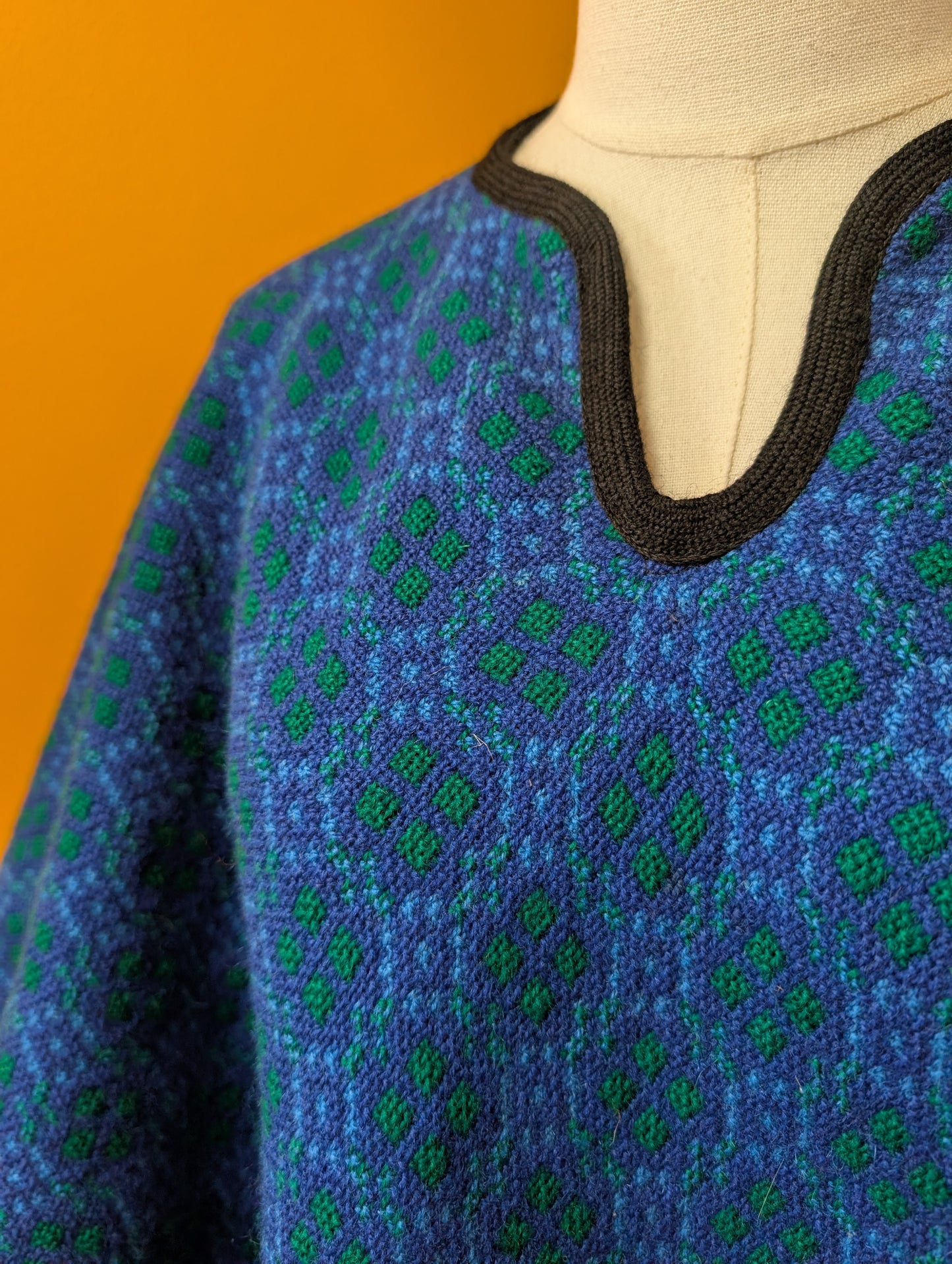 Reversible Welsh tapestry wool fringed poncho