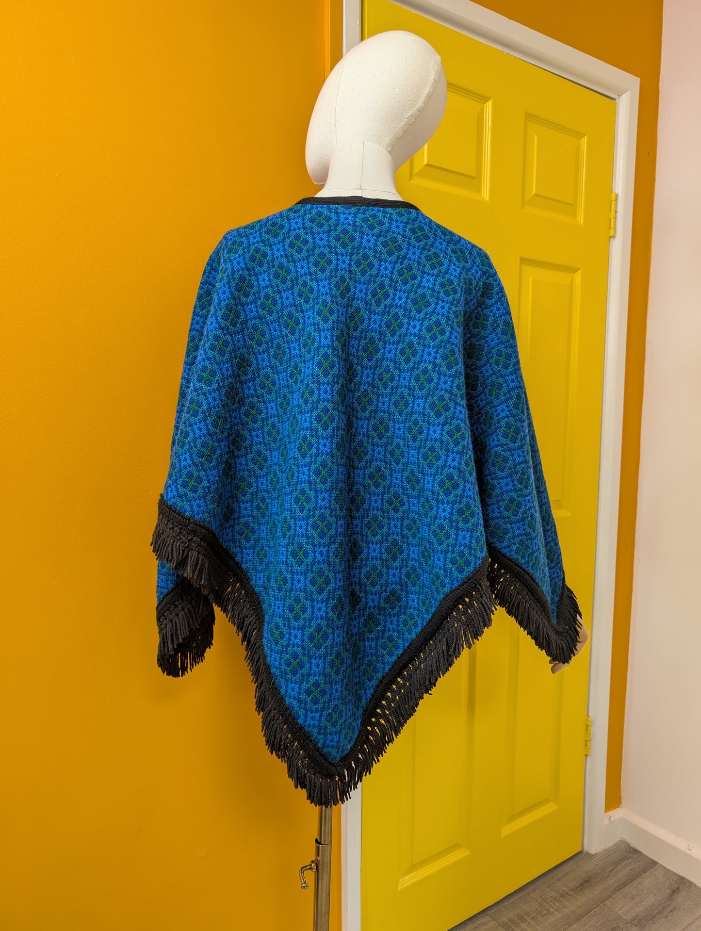 Reversible Welsh tapestry wool fringed poncho