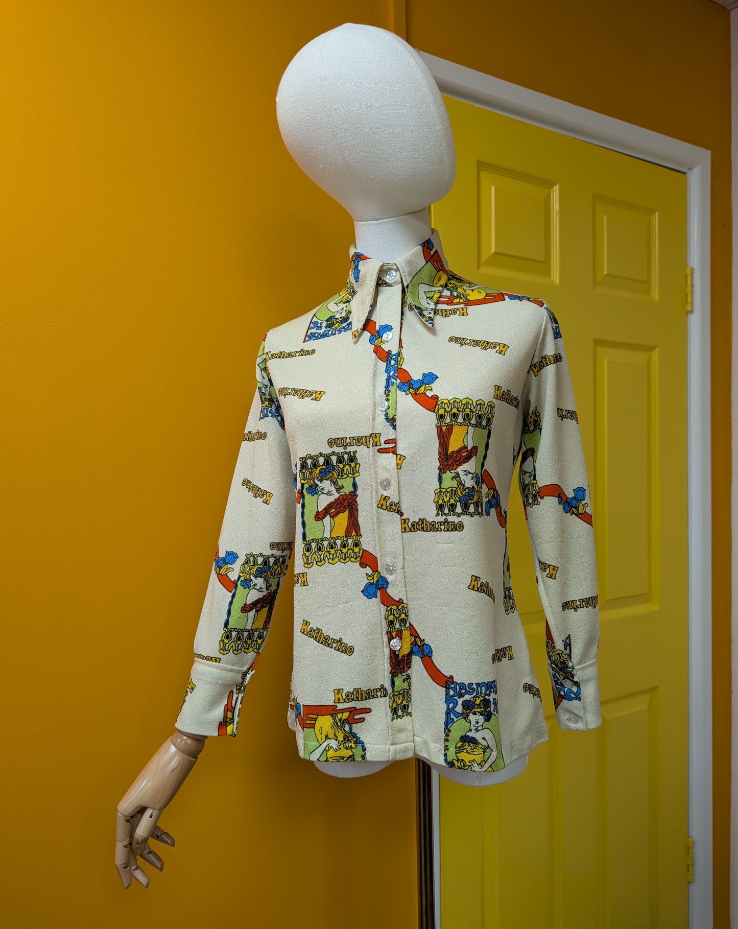 1970s novelty print Katharine dagger collar shirt - S