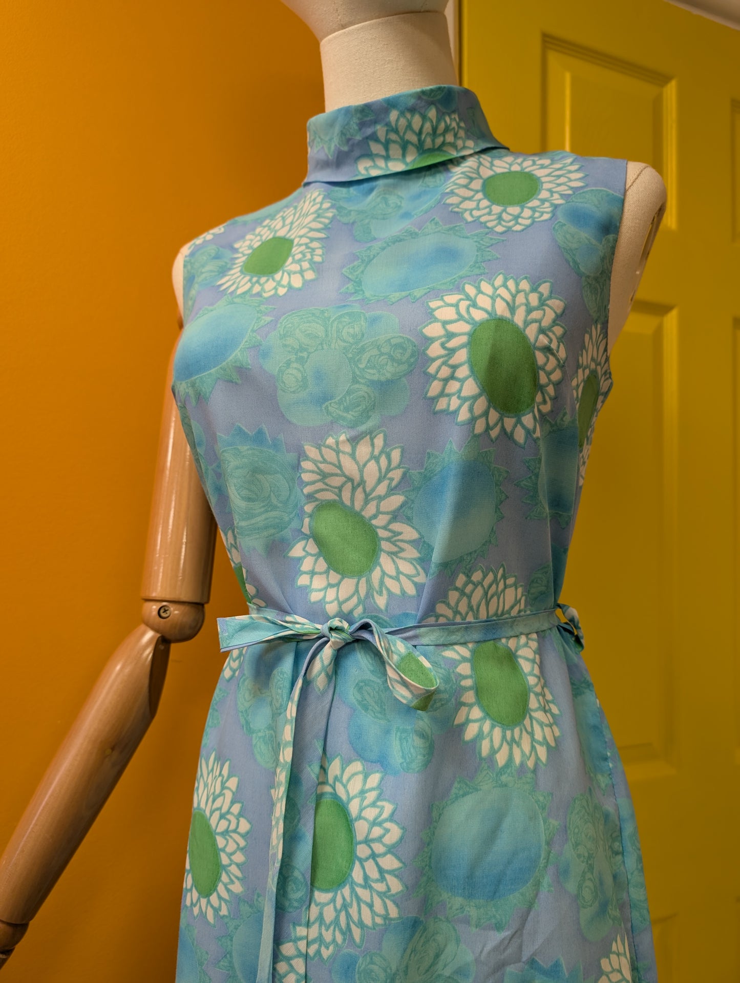 1960s blue floral dress and belt - XS/S/6/8