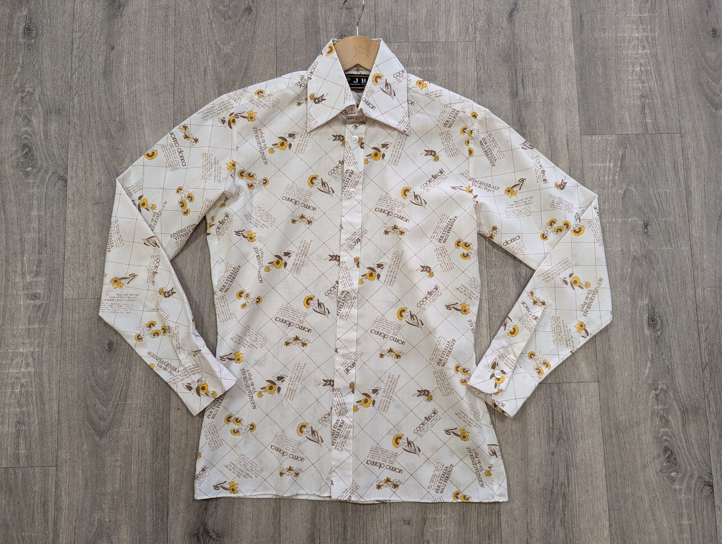1970s JB novelty print dagger collar shirt