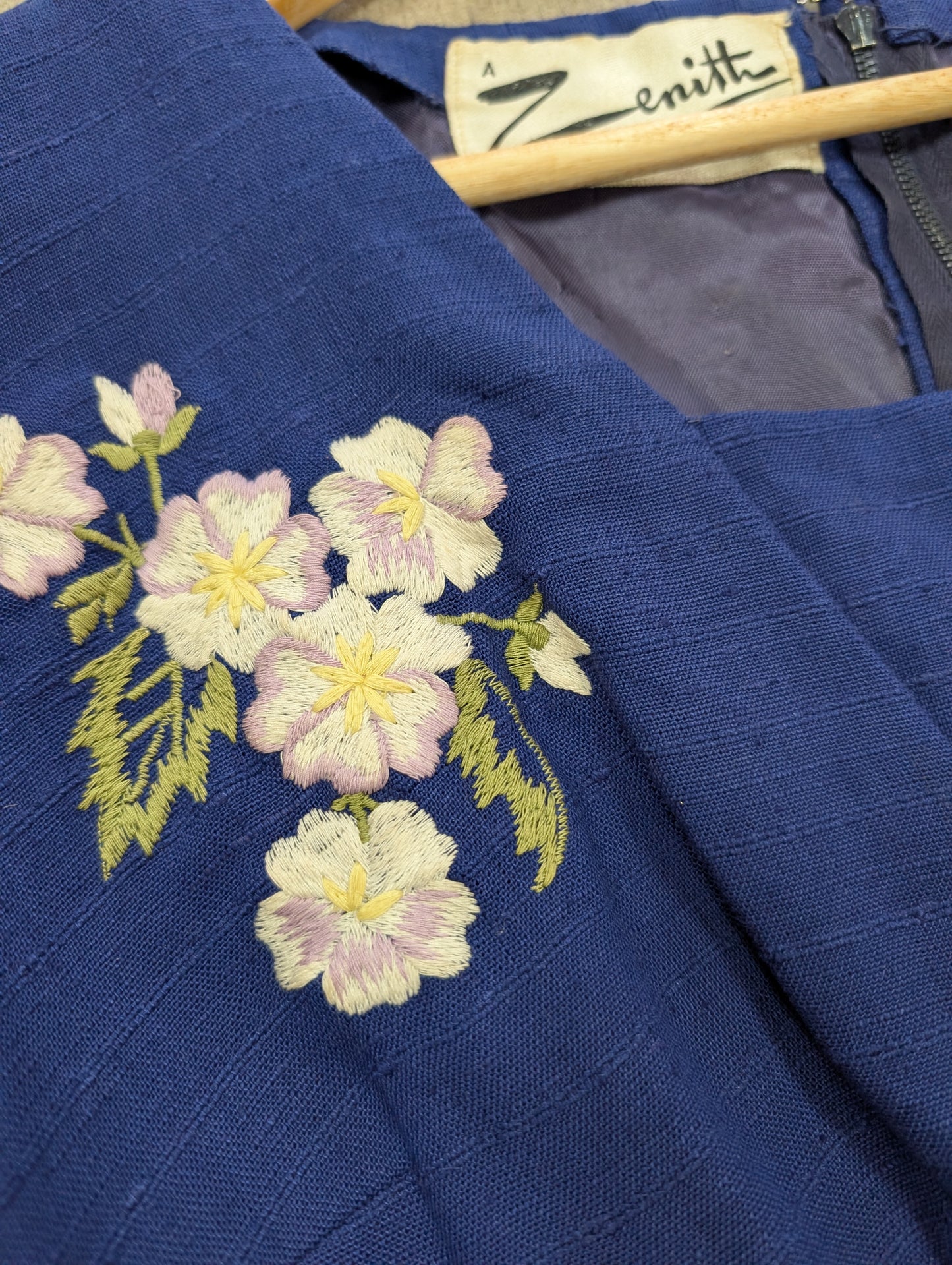 50s/60s Zenith blue embroidered floral dress - S/8/10