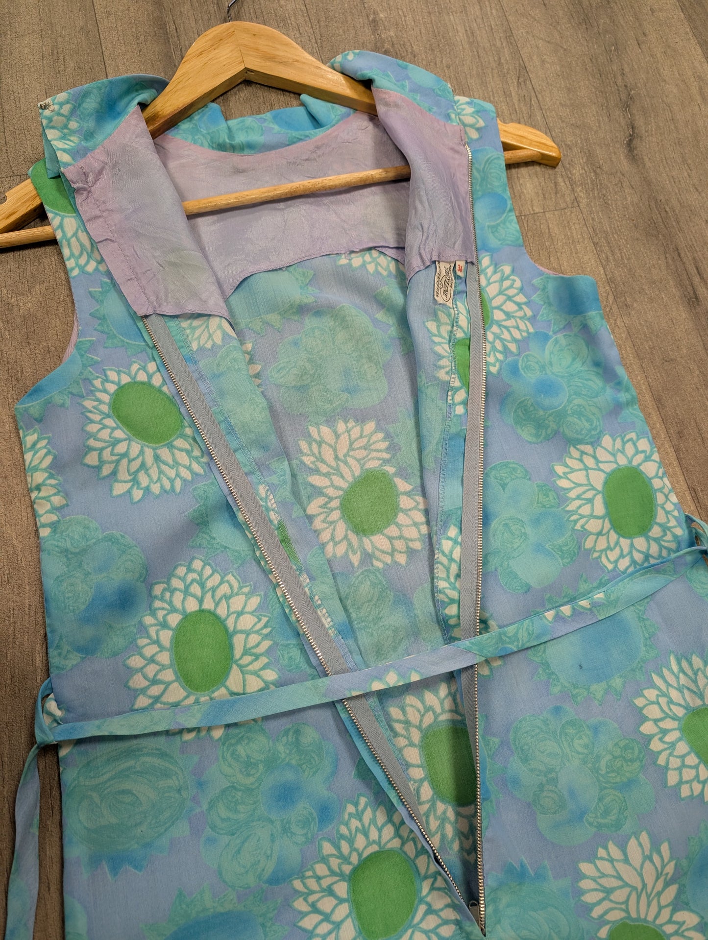 1960s blue floral dress and belt - XS/S/6/8