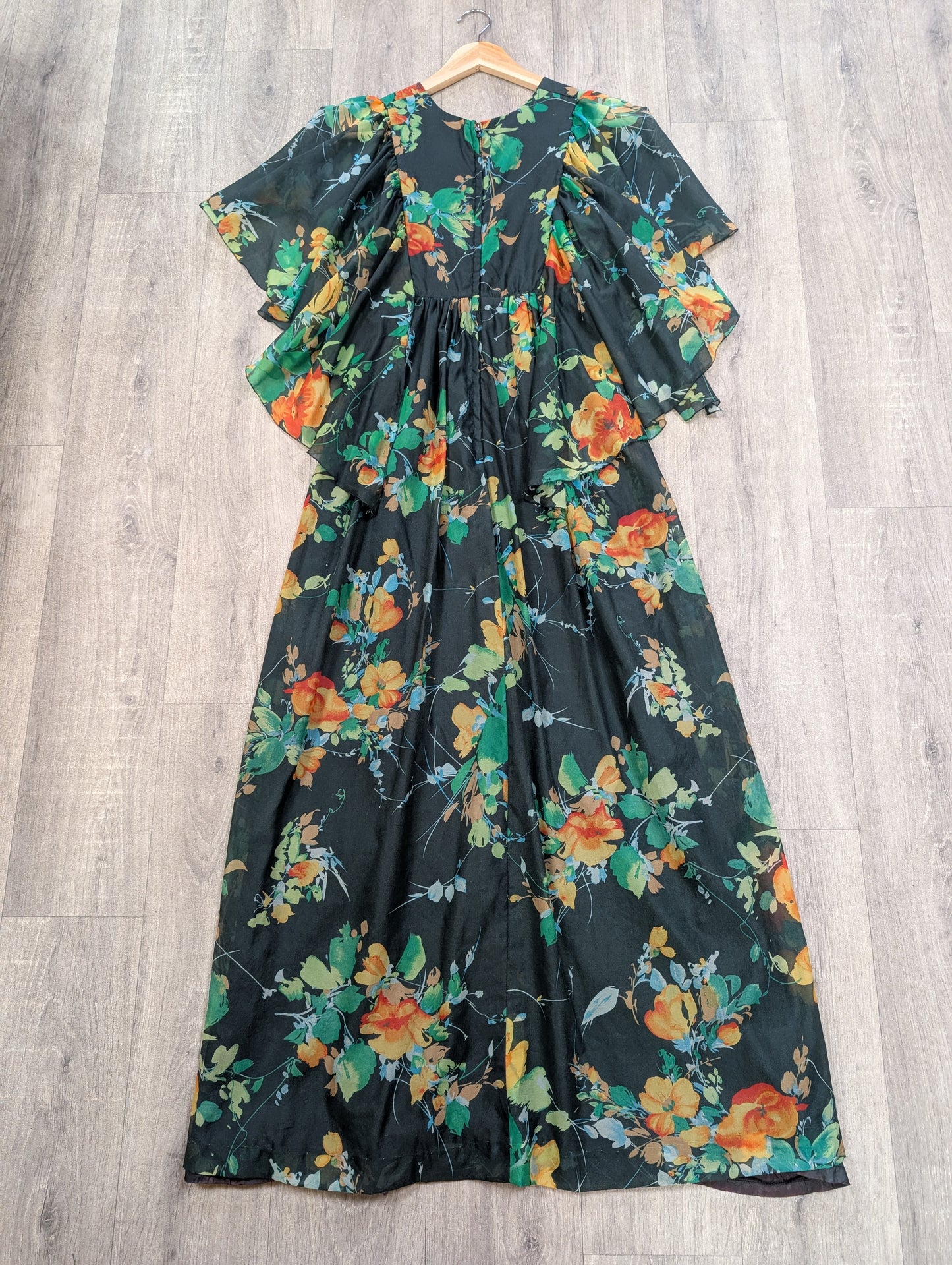 1970s green floral maxi dress - S/8/10