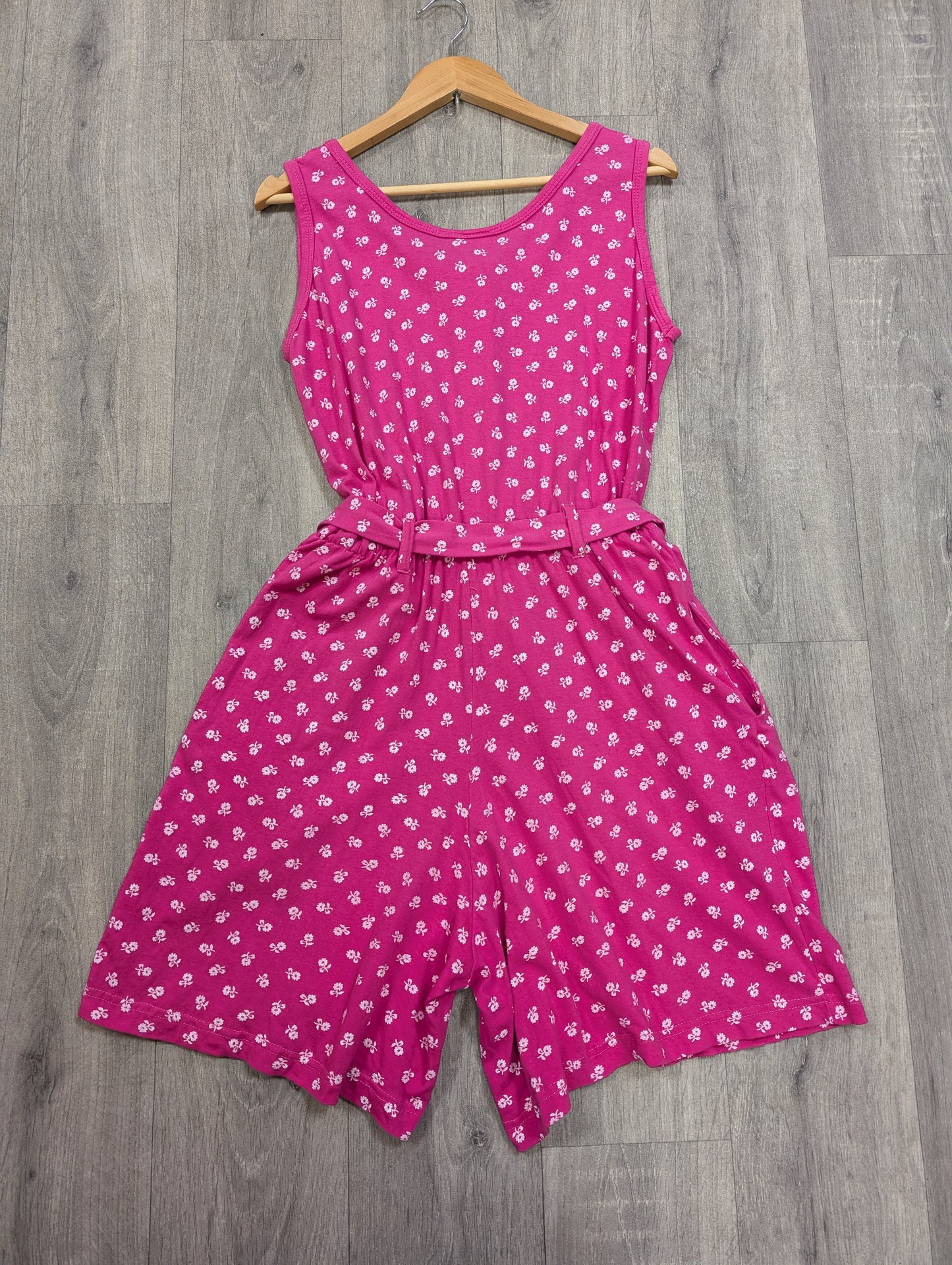 80s/90s floral cotton pink playsuit with belt - up to a M