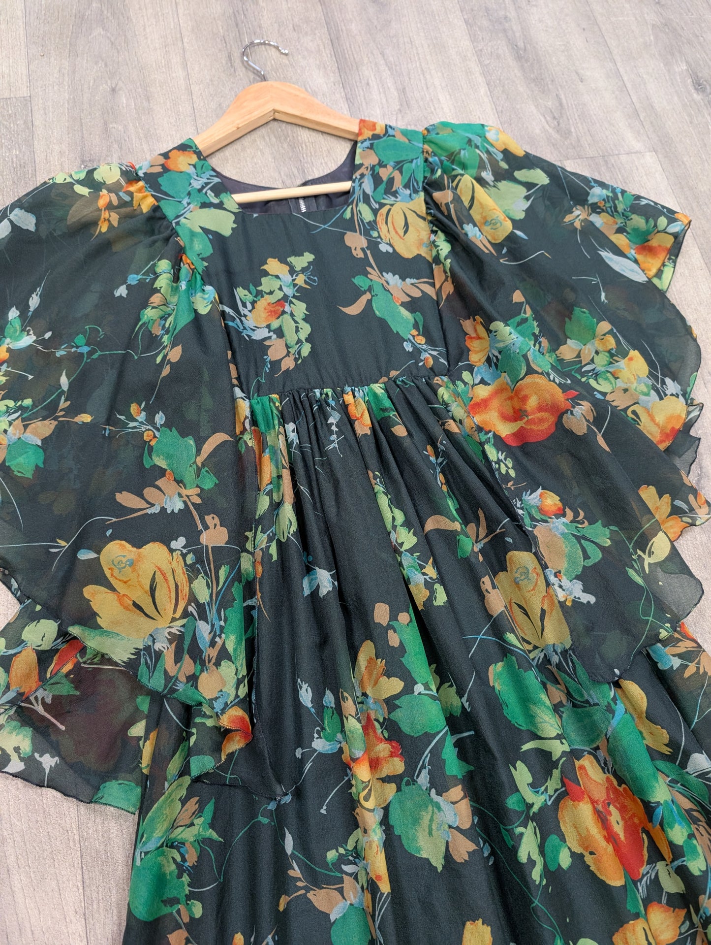 1970s green floral maxi dress - S/8/10