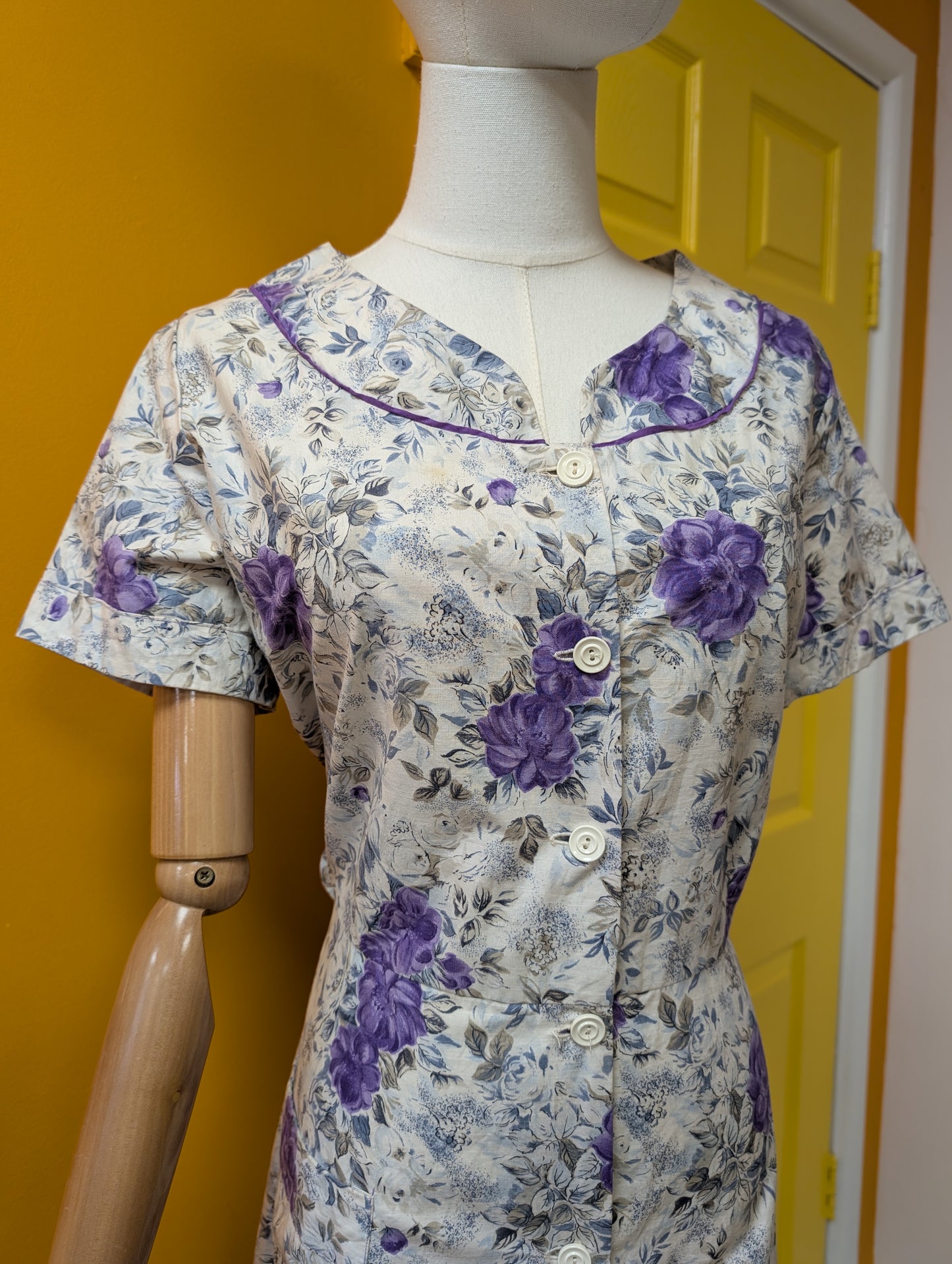50s/60s purple floral cotton dress - L/16