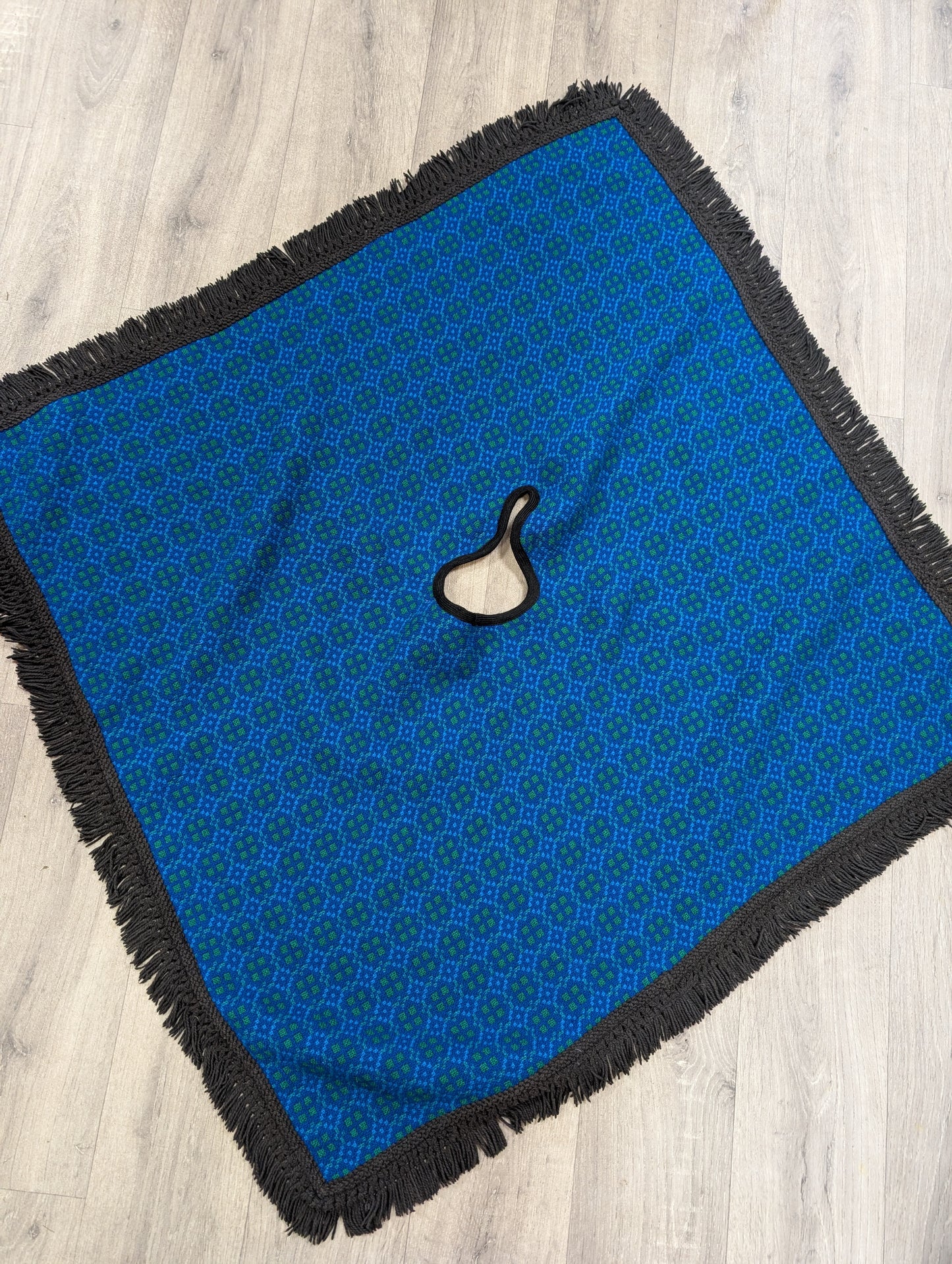 Reversible Welsh tapestry wool fringed poncho