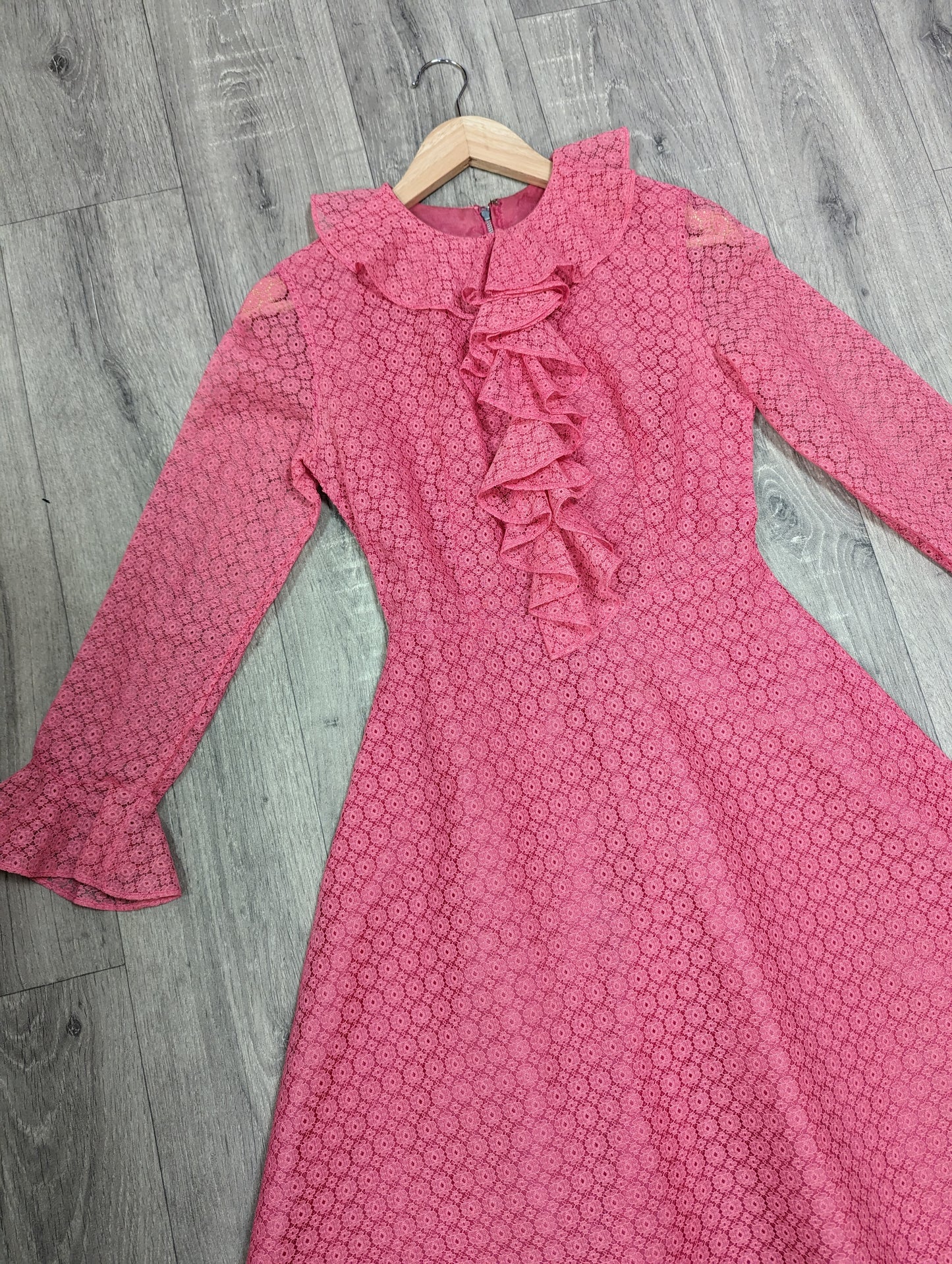 Fabulous 1960s pink lace ruffle front dress - XS