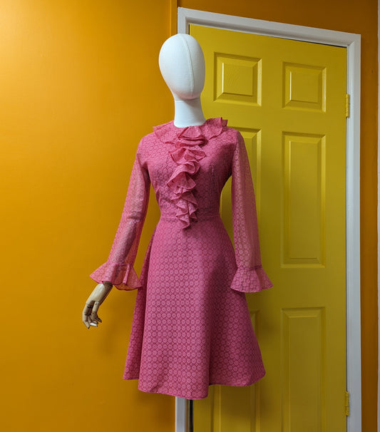 Fabulous 1960s pink lace ruffle front dress - XS