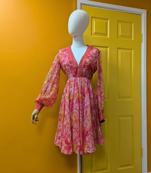 1970s Malcolm Starr by Rizkallah pink silk chiffon balloon sleeve dress - Size 8/10