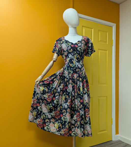 80s/90s floral butterfly print dress - M