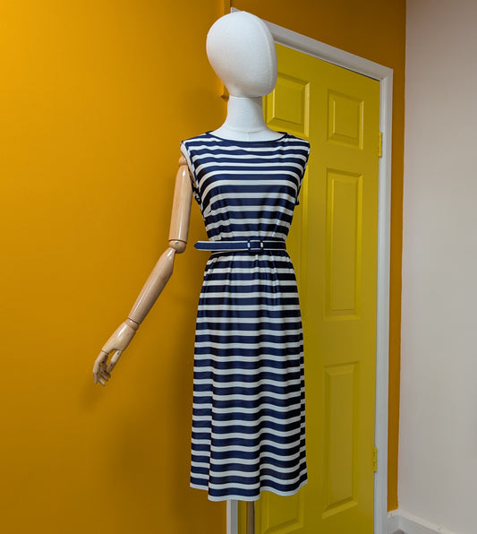 1960s navy/white striped dress and belt - Size 8/10