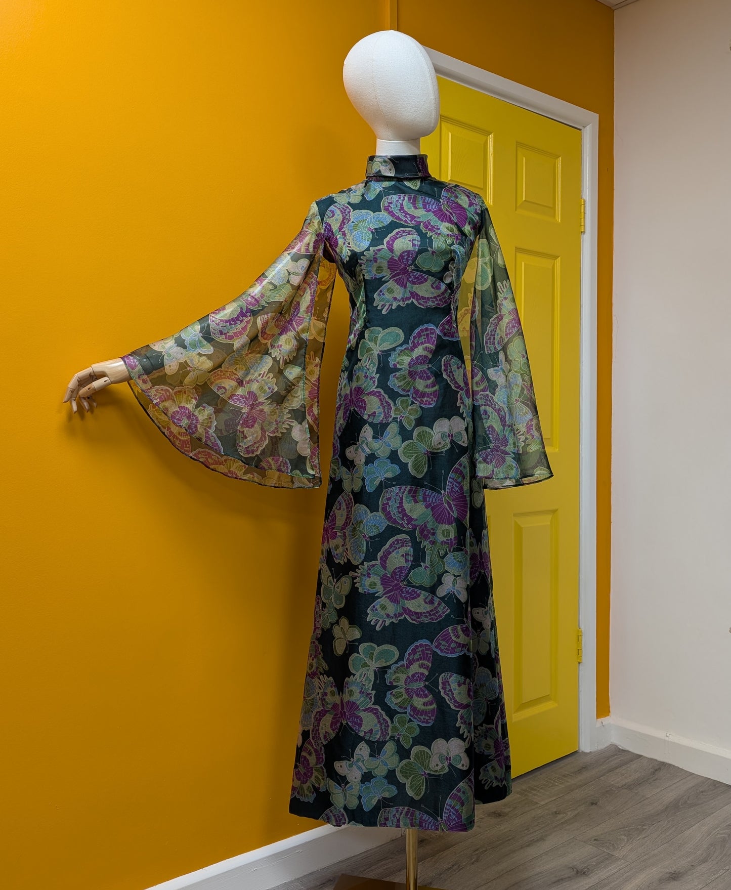 1970s Alexander Clare butterfly print maxi dress - Size 10/12