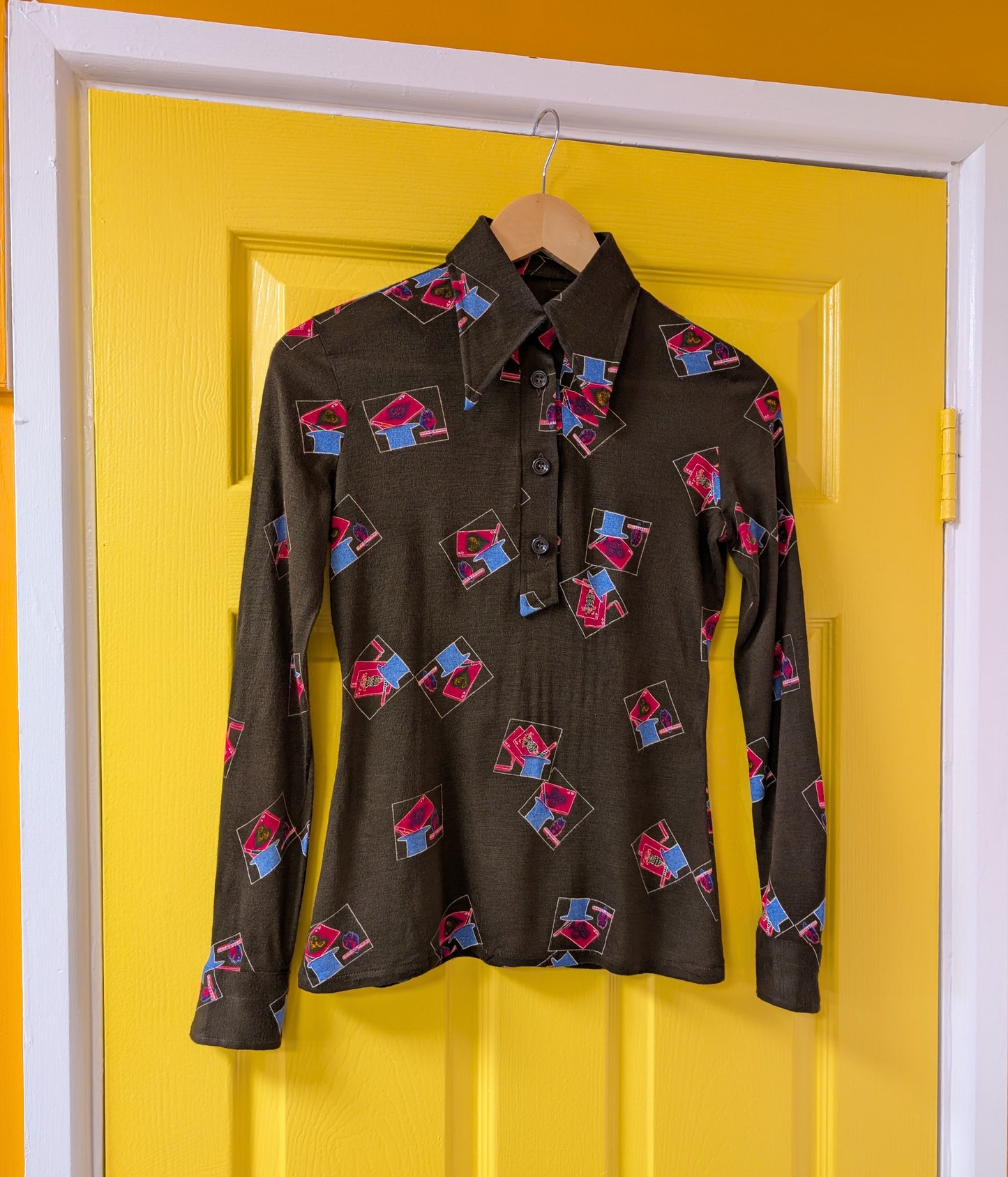 1970s novelty print dagger collar shirt - XS