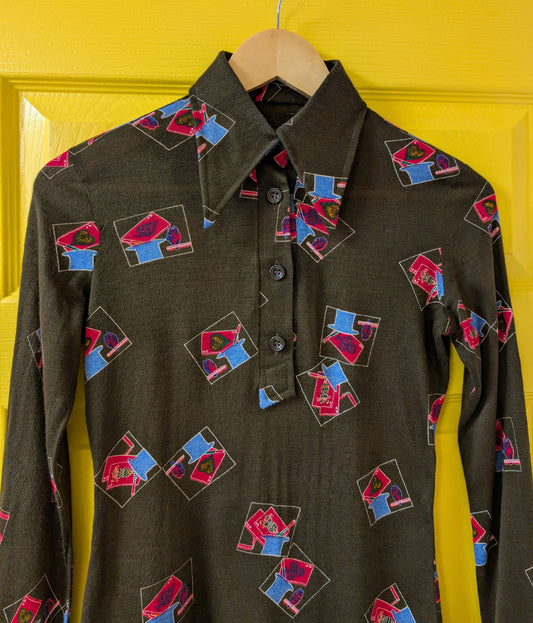 1970s novelty print dagger collar shirt - XS