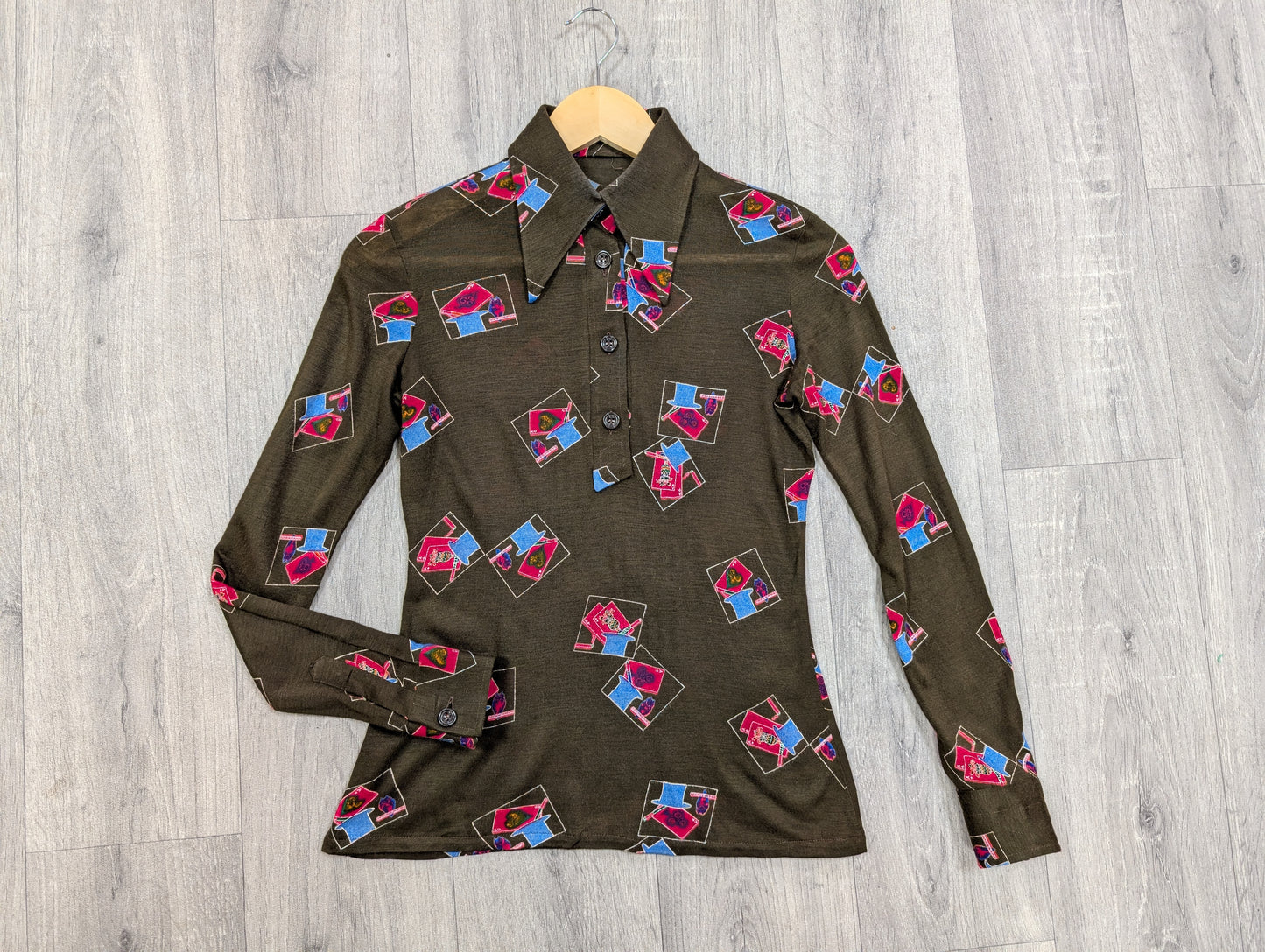 1970s novelty print dagger collar shirt - XS