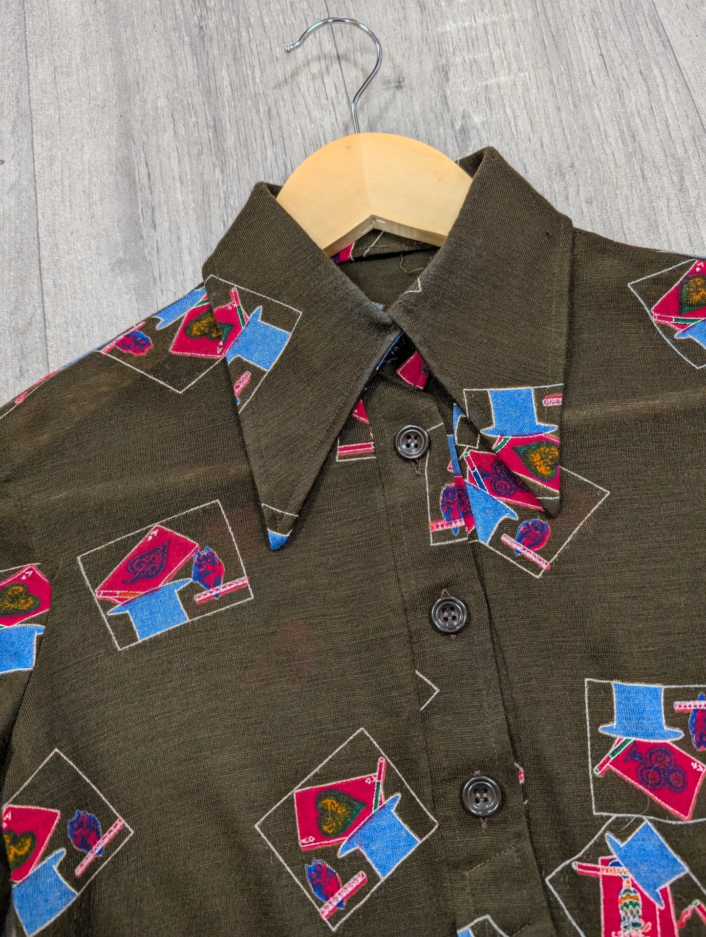 1970s novelty print dagger collar shirt - XS