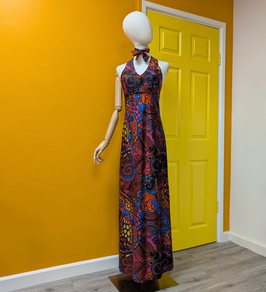 1970s psychedelic maxi dress with scarf - Size 8/10