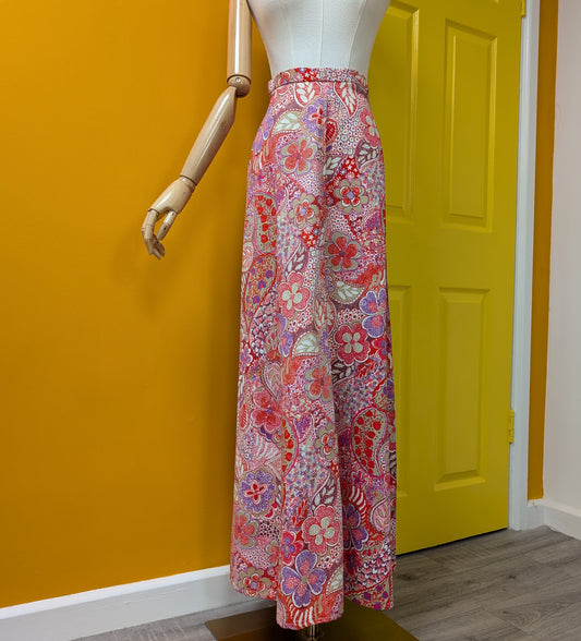 1970s pink psychedelic cotton maxi skirt - 24" waist