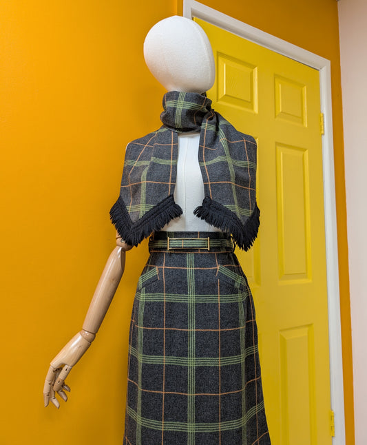 Gorgeous 1950s Sid-Lor wool skirt, belt and scarf - 24"/25" waist