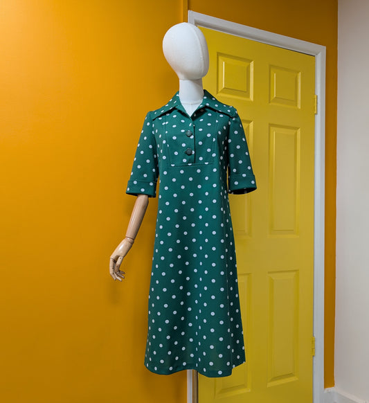 1970s green/white spotty dress - S/10