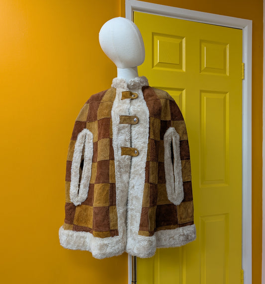 1960s patchwork suede cape with faux fur trim