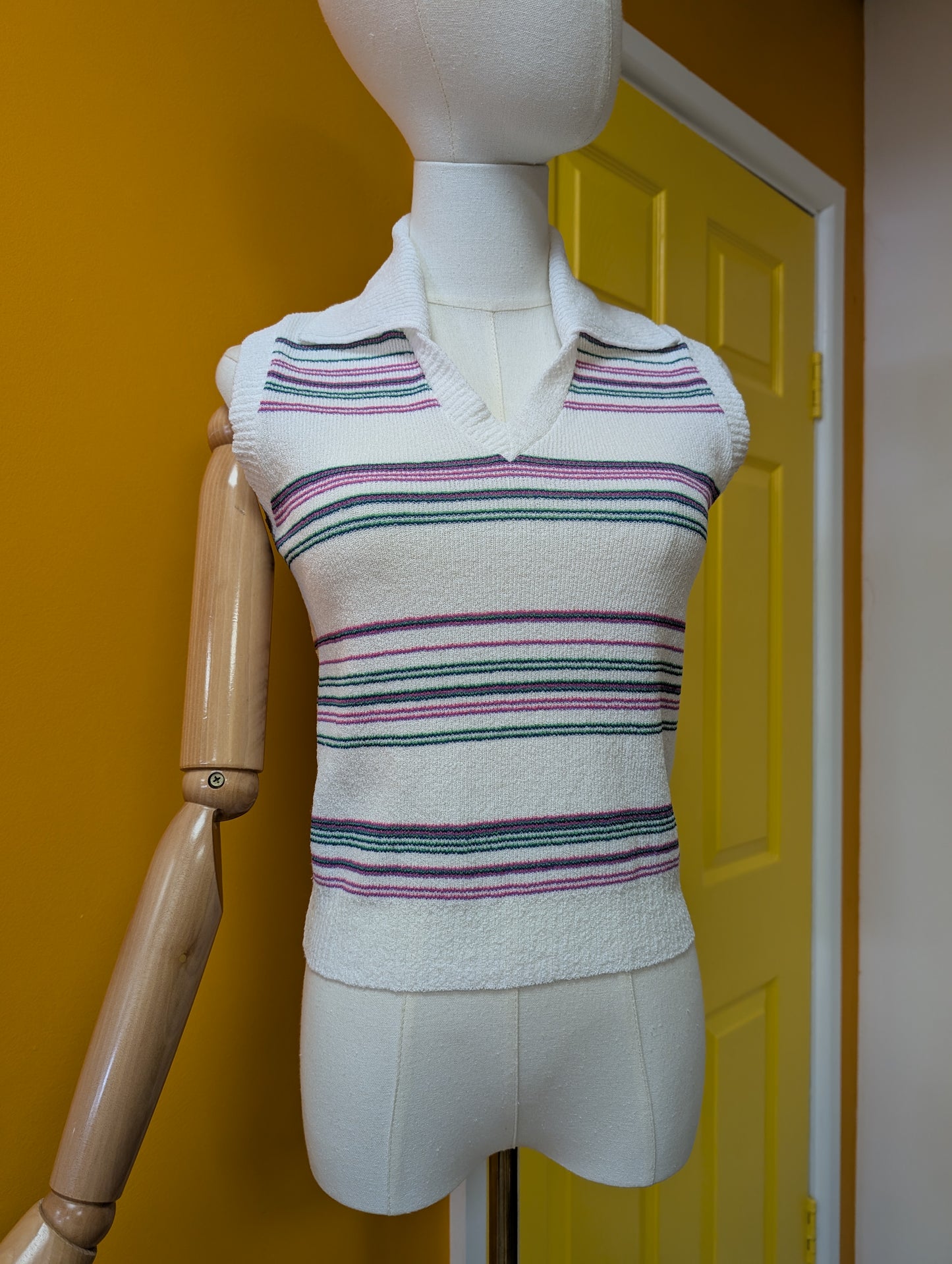 1970s sleeveless striped collared top