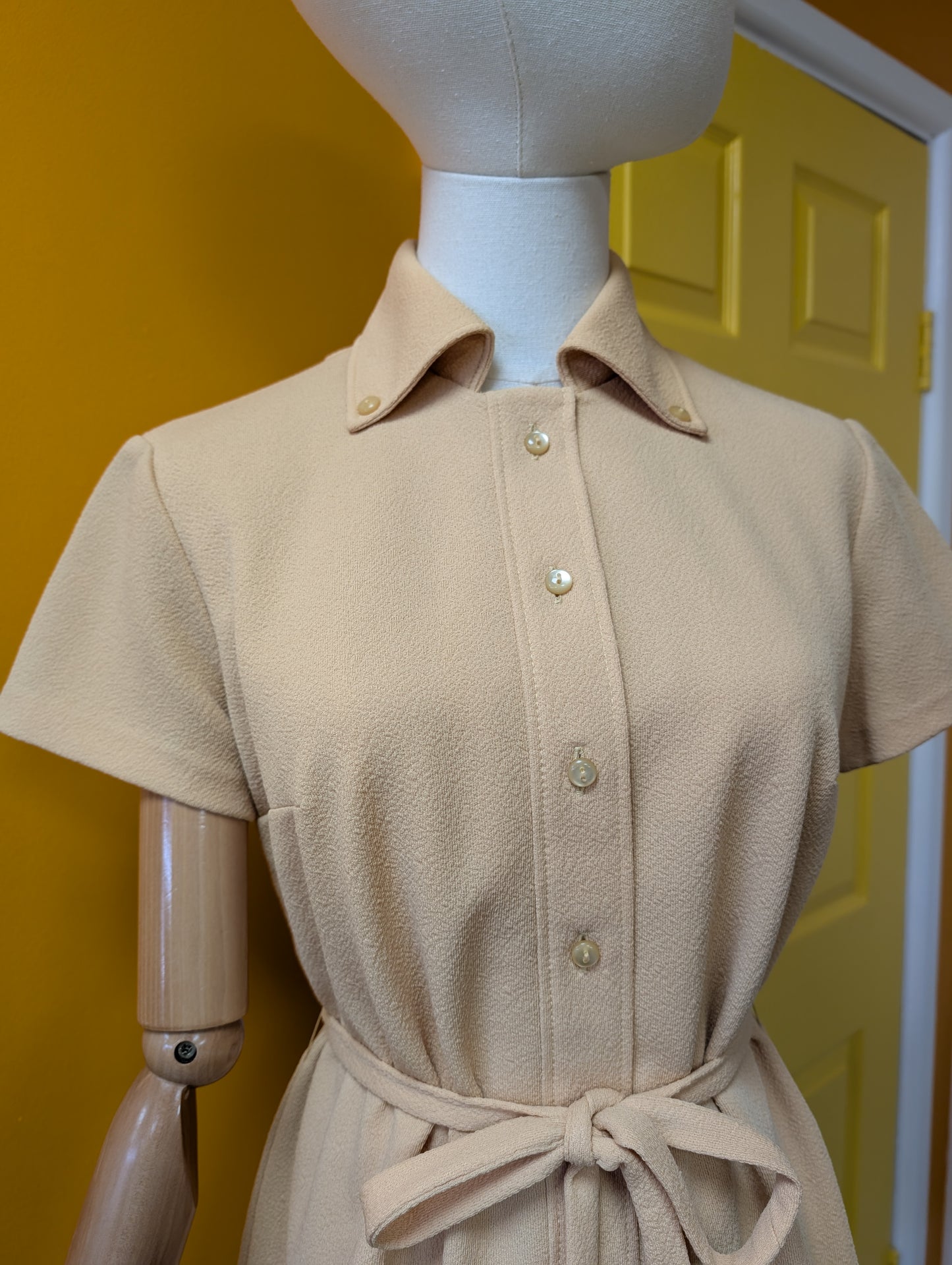 60s/70s trevira button down collar dress and belt - M