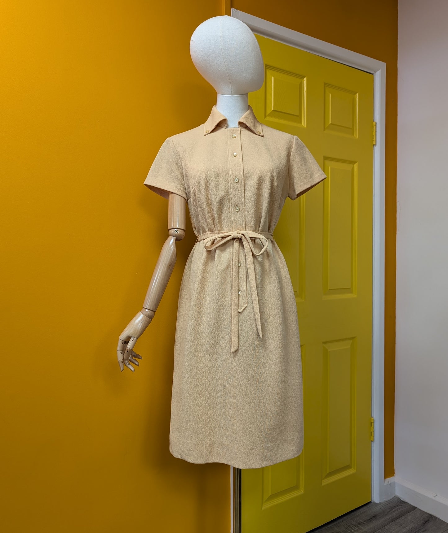 60s/70s trevira button down collar dress and belt - M