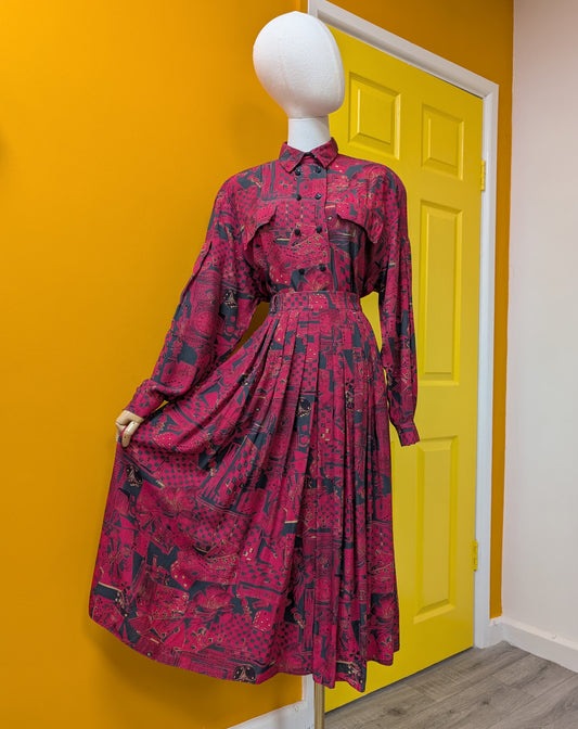 1980s Irringer novelty print shirt and skirt - Size 10/12