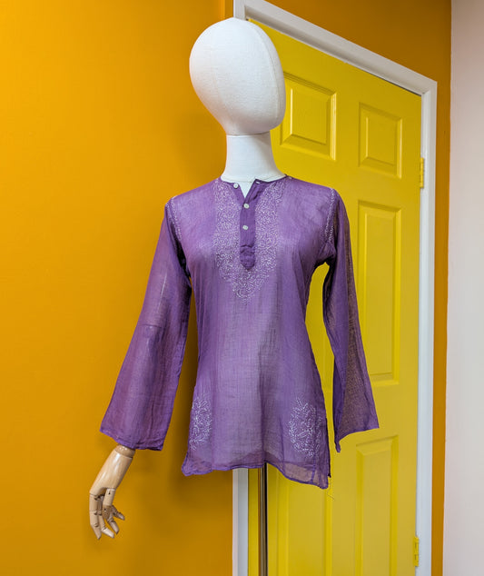 1970s purple Indian cotton embroidered top - XS/S