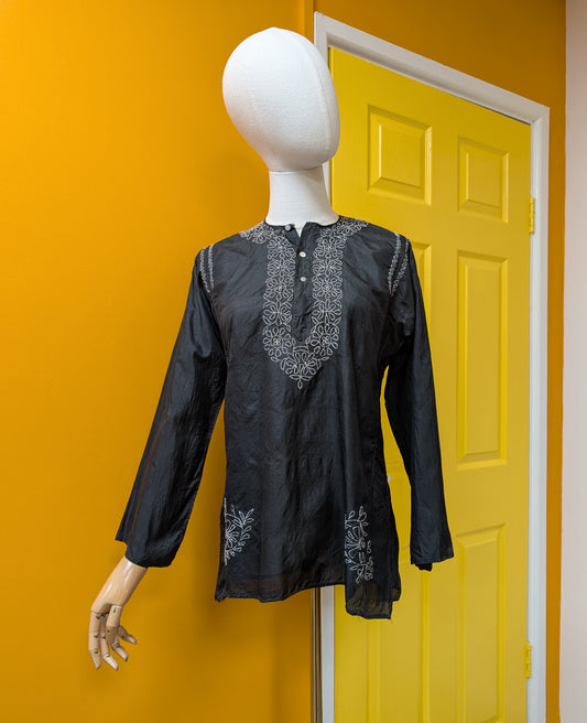 1970s Indian black silk embroidered top - XS/S