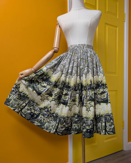 1950s novelty print Venice gondola cotton skirt - 23" waist