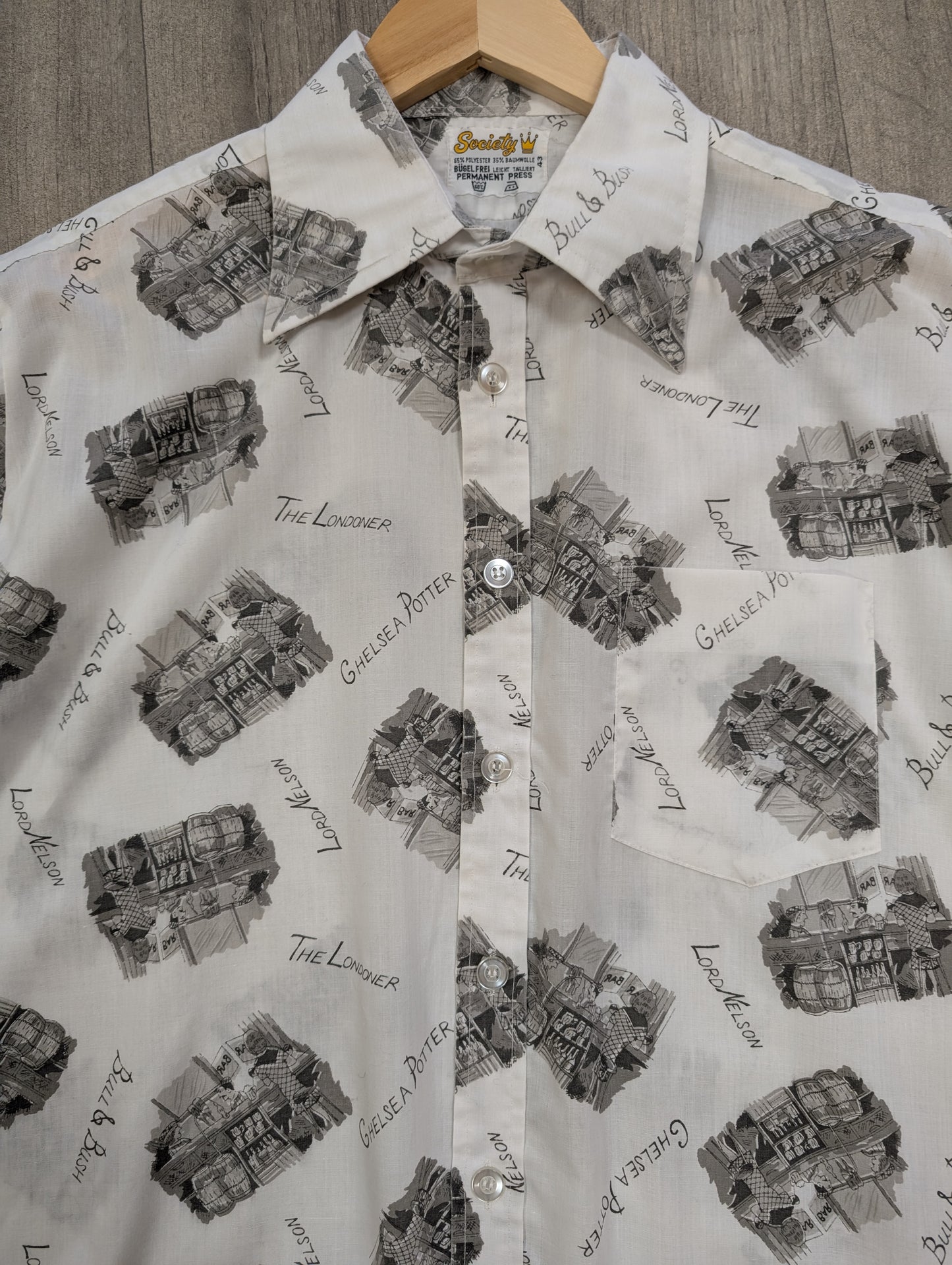 1970s novelty print London pubs shirt