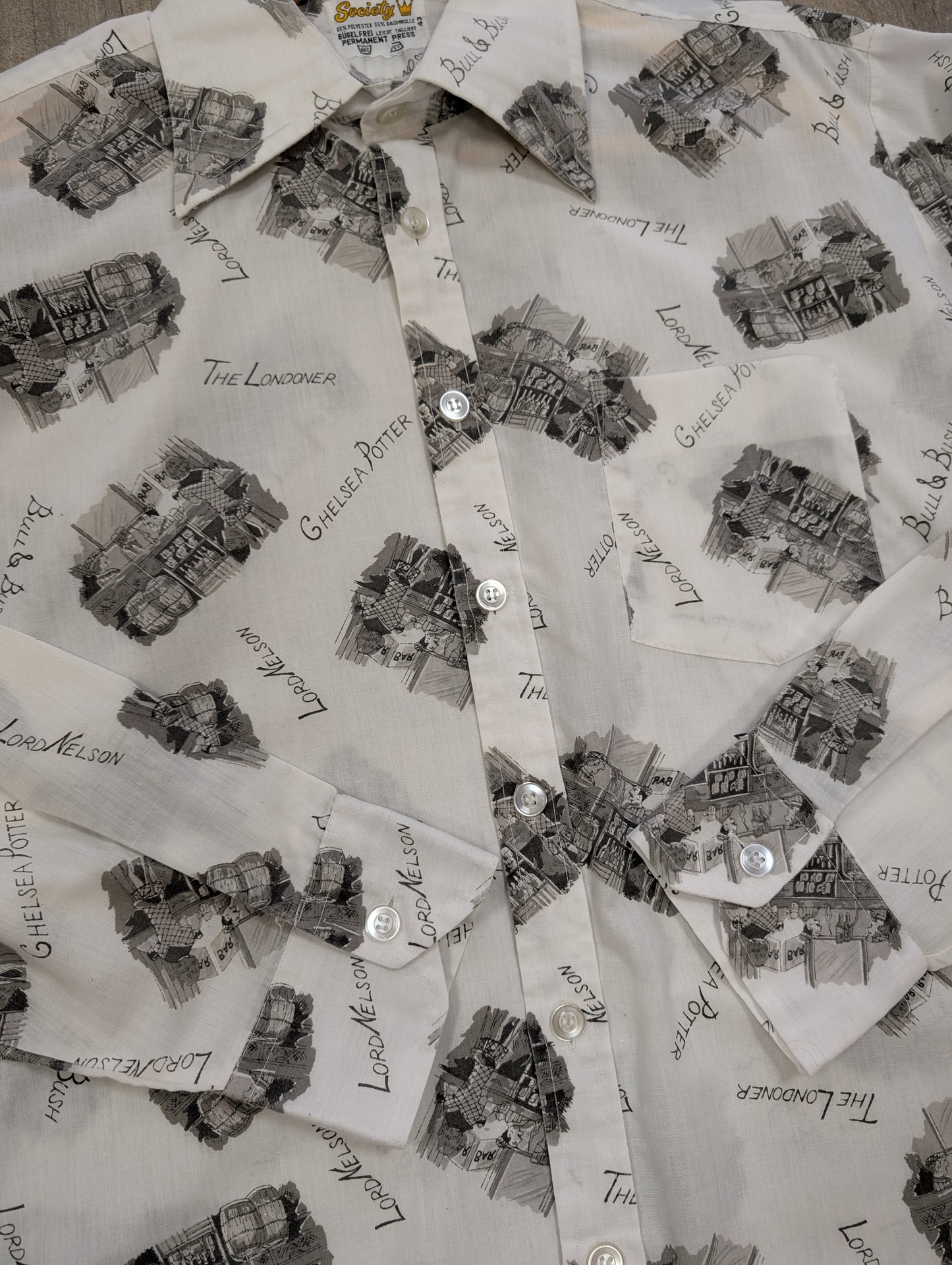 1970s novelty print London pubs shirt