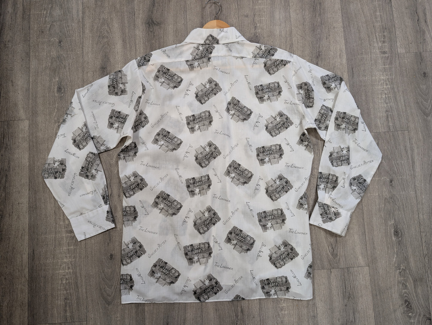 1970s novelty print London pubs shirt