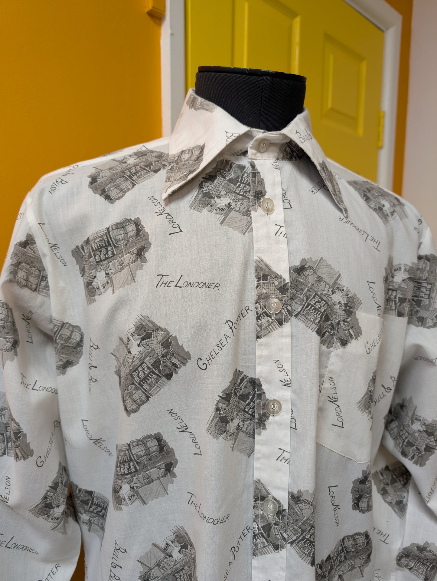 1970s novelty print London pubs shirt
