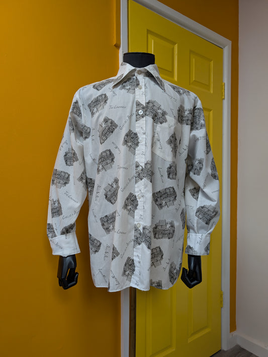 1970s novelty print London pubs shirt
