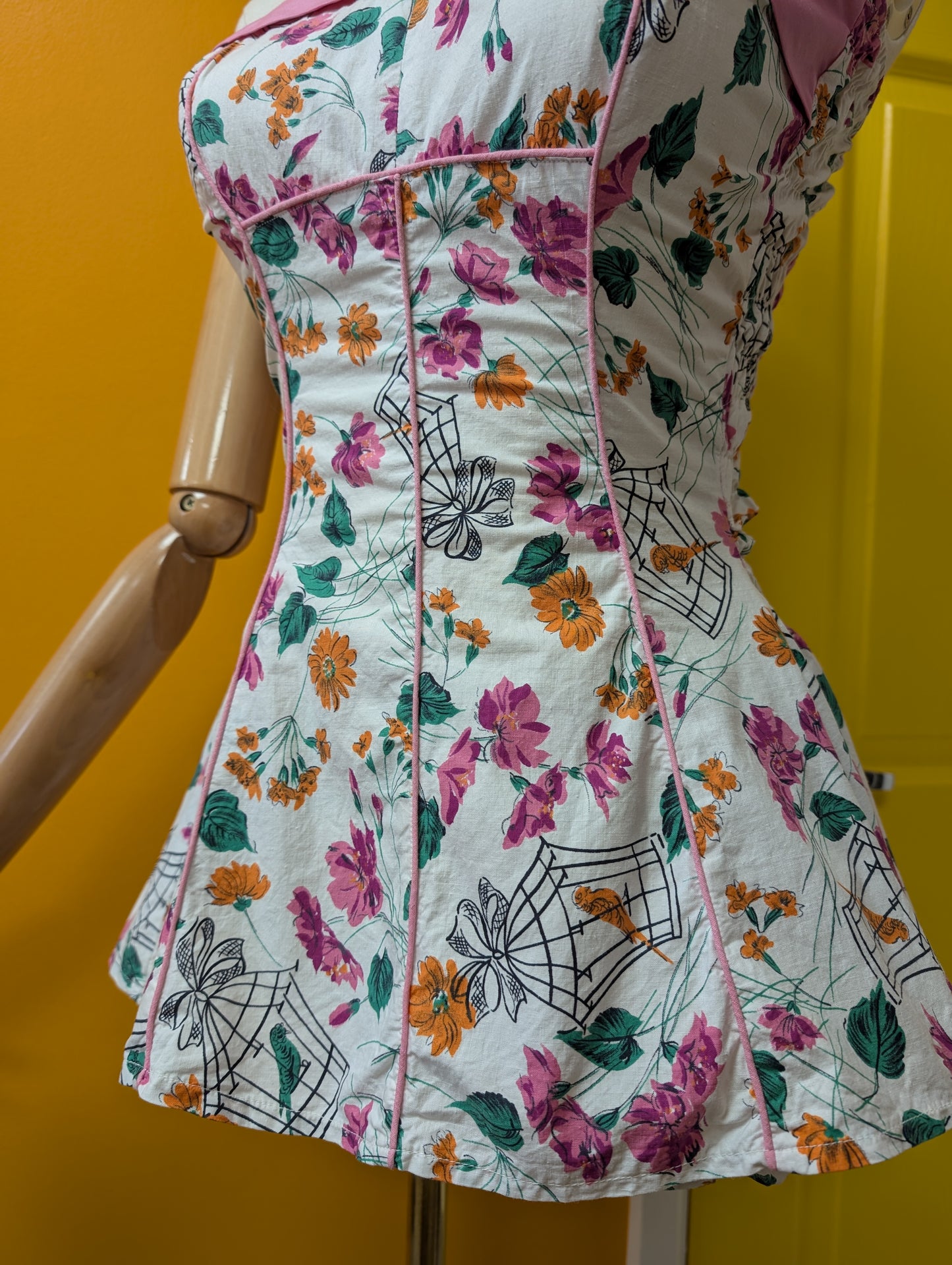 50s/60s novelty floral birdcage print cotton swimsuit - Size 4/6
