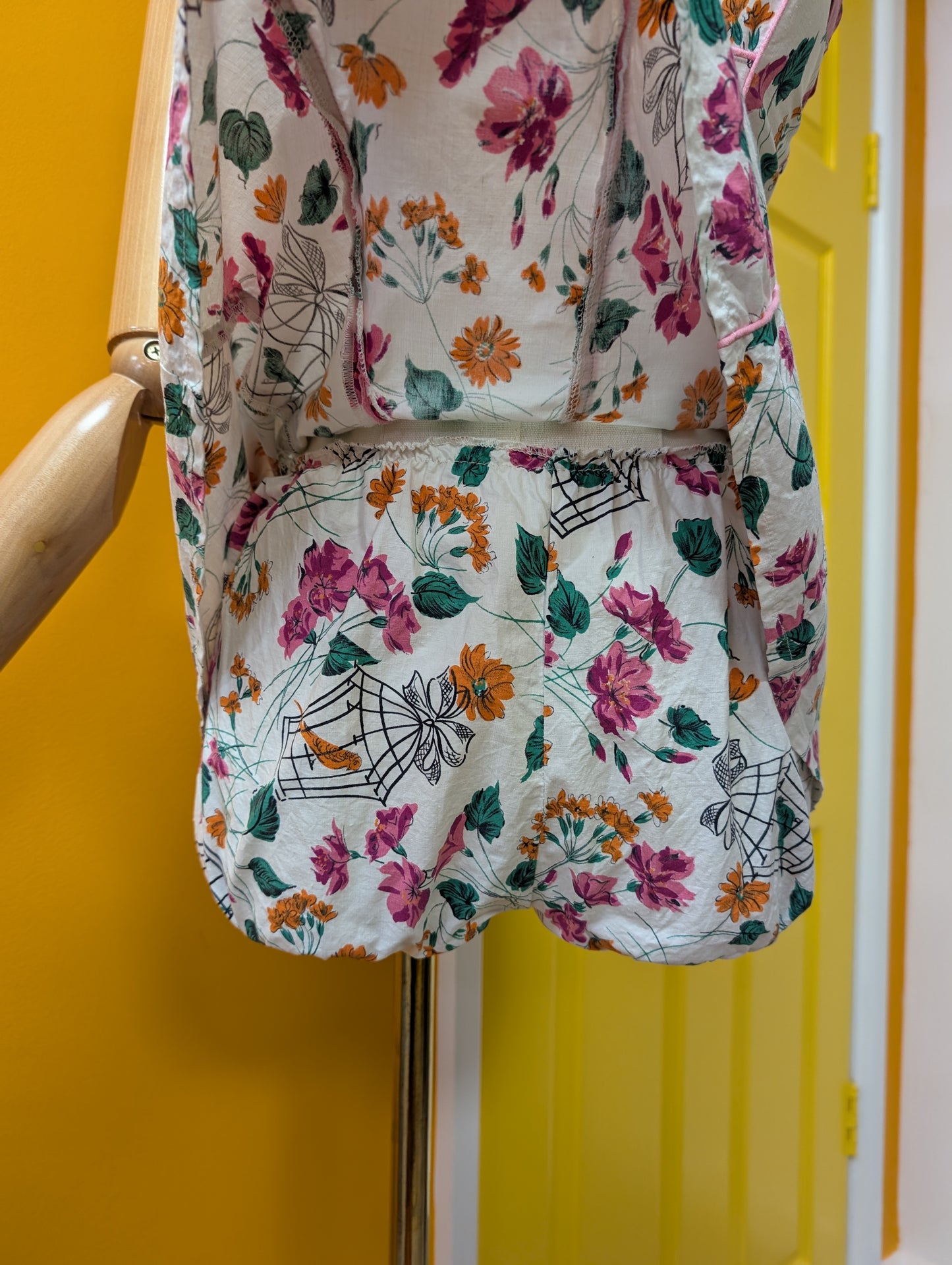 50s/60s novelty floral birdcage print cotton swimsuit - Size 4/6