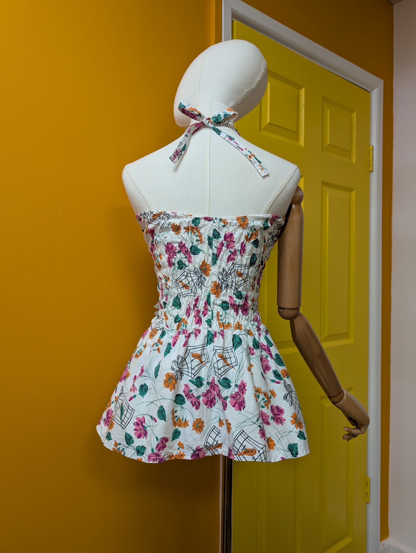 50s/60s novelty floral birdcage print cotton swimsuit - Size 4/6