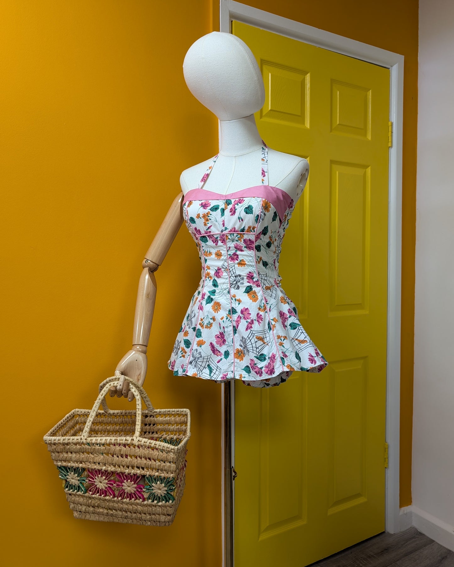 50s/60s novelty floral birdcage print cotton swimsuit - Size 4/6