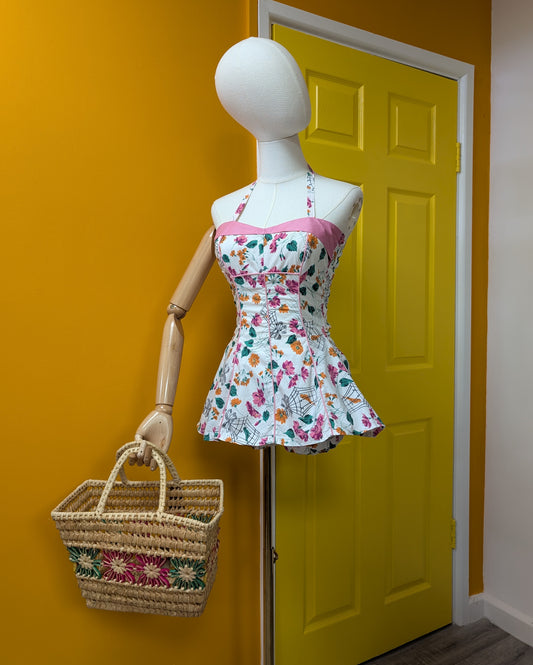 50s/60s novelty floral birdcage print cotton swimsuit - Size 4/6
