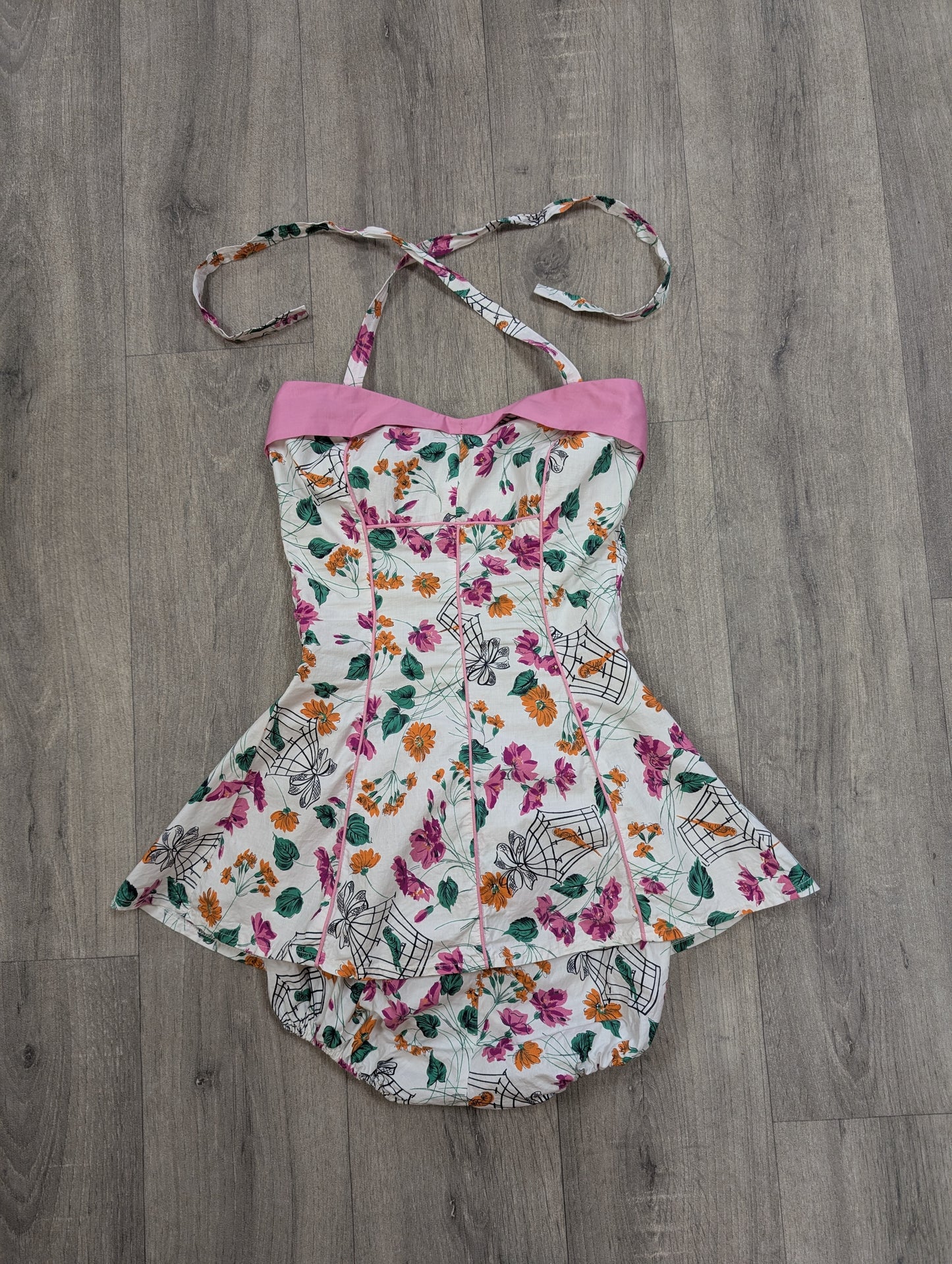 50s/60s novelty floral birdcage print cotton swimsuit - Size 4/6