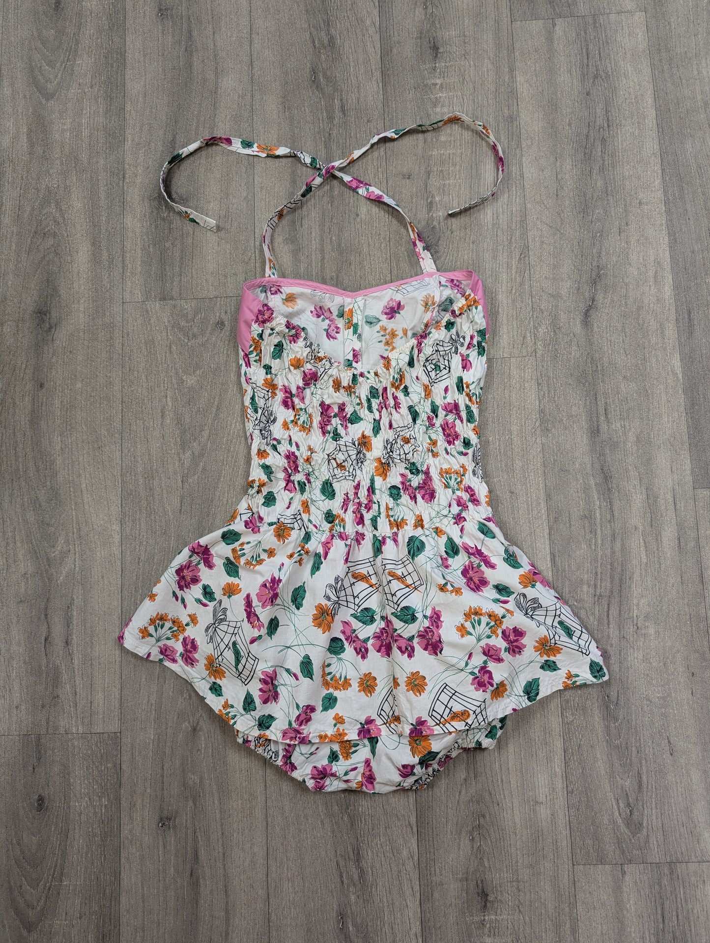 50s/60s novelty floral birdcage print cotton swimsuit - Size 4/6