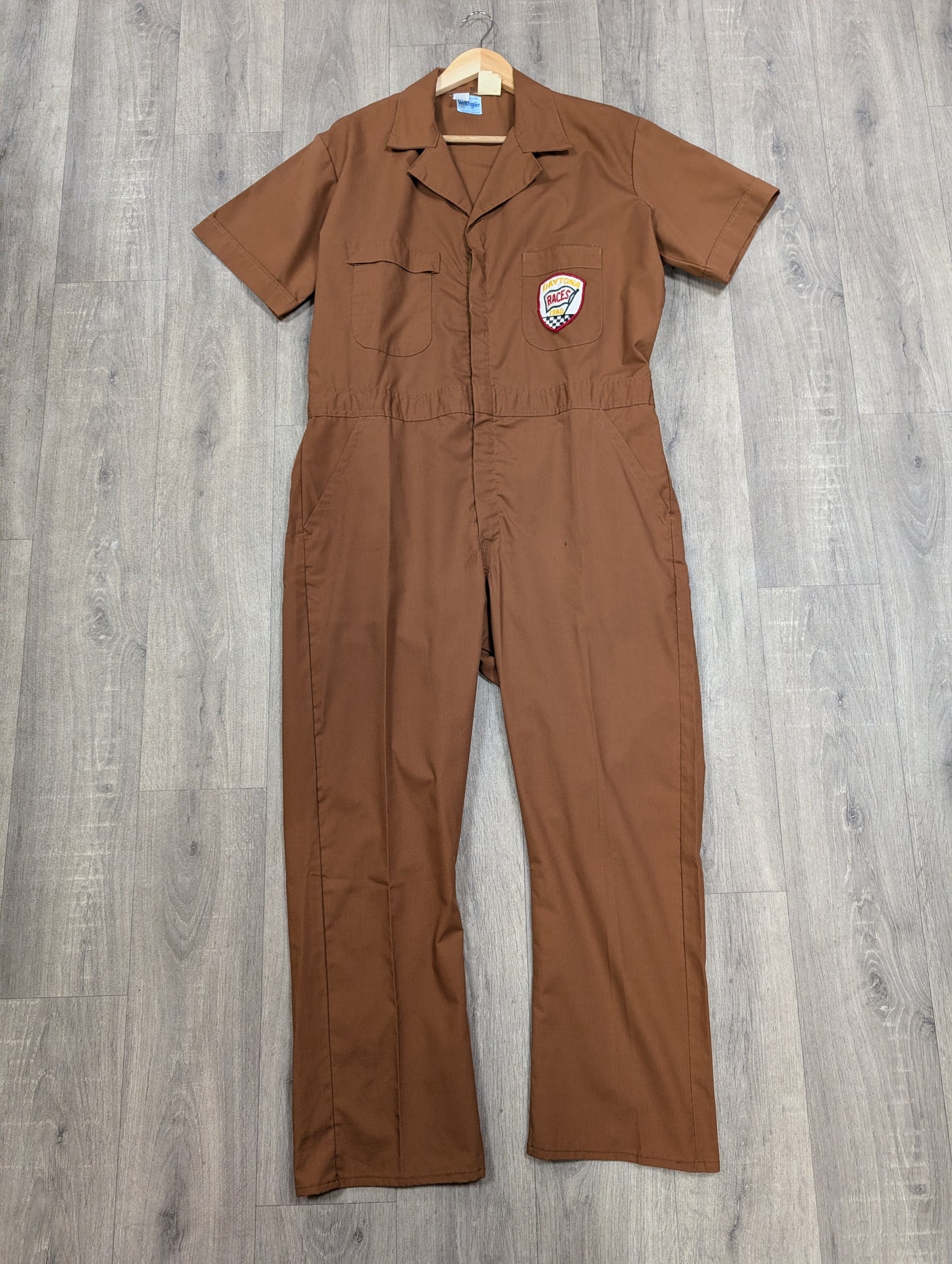 1970s Wrangler brown overalls with Daytona Races 1980 patch