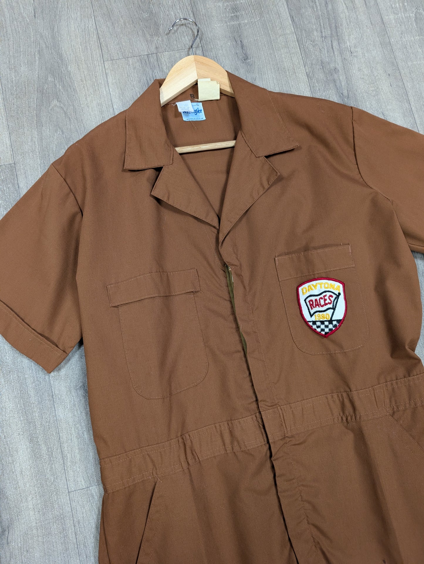 1970s Wrangler brown overalls with Daytona Races 1980 patch