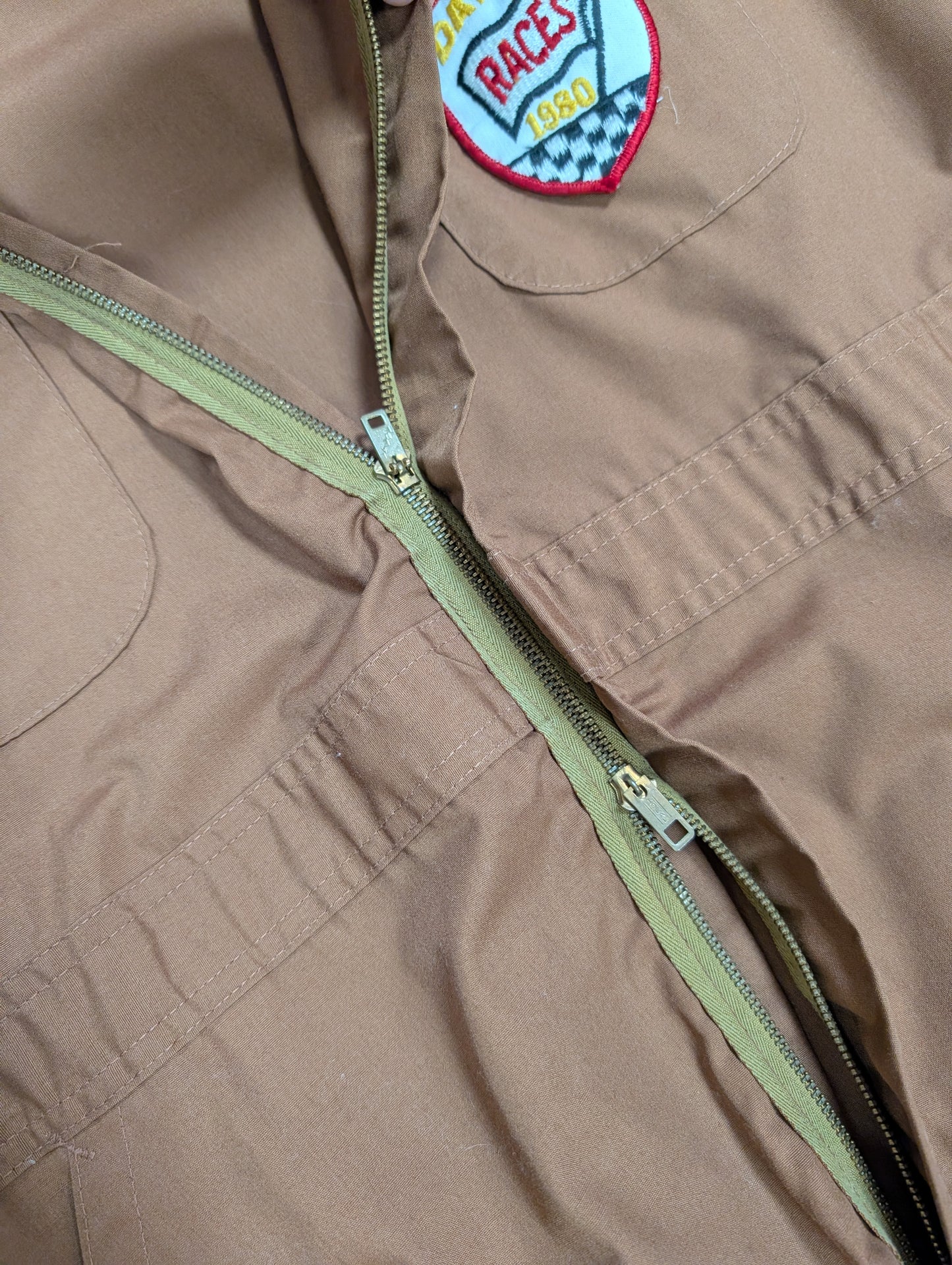1970s Wrangler brown overalls with Daytona Races 1980 patch